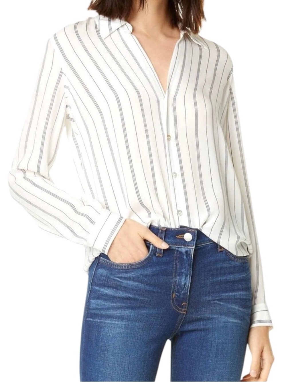 L'AGENCE Nina Silk Button Up Navy Blue Off White Sheer Striped Shirt Size S